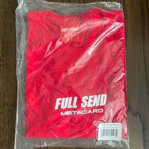 Full Send Meta Card exclusive drop, red tee shirt, red sweatshirt, size large